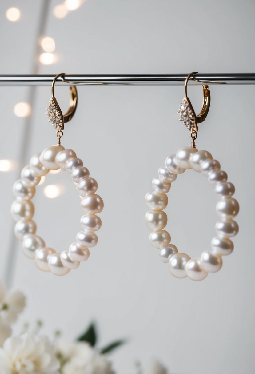 Two elegant baroque pearl hoops suspended in a minimalistic setting, evoking a sense of sophistication and grace, perfect for a wedding ensemble