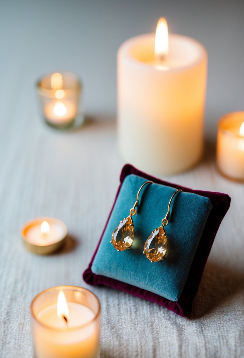 A pair of delicate champagne teardrop earrings displayed on a velvet cushion, surrounded by soft candlelight