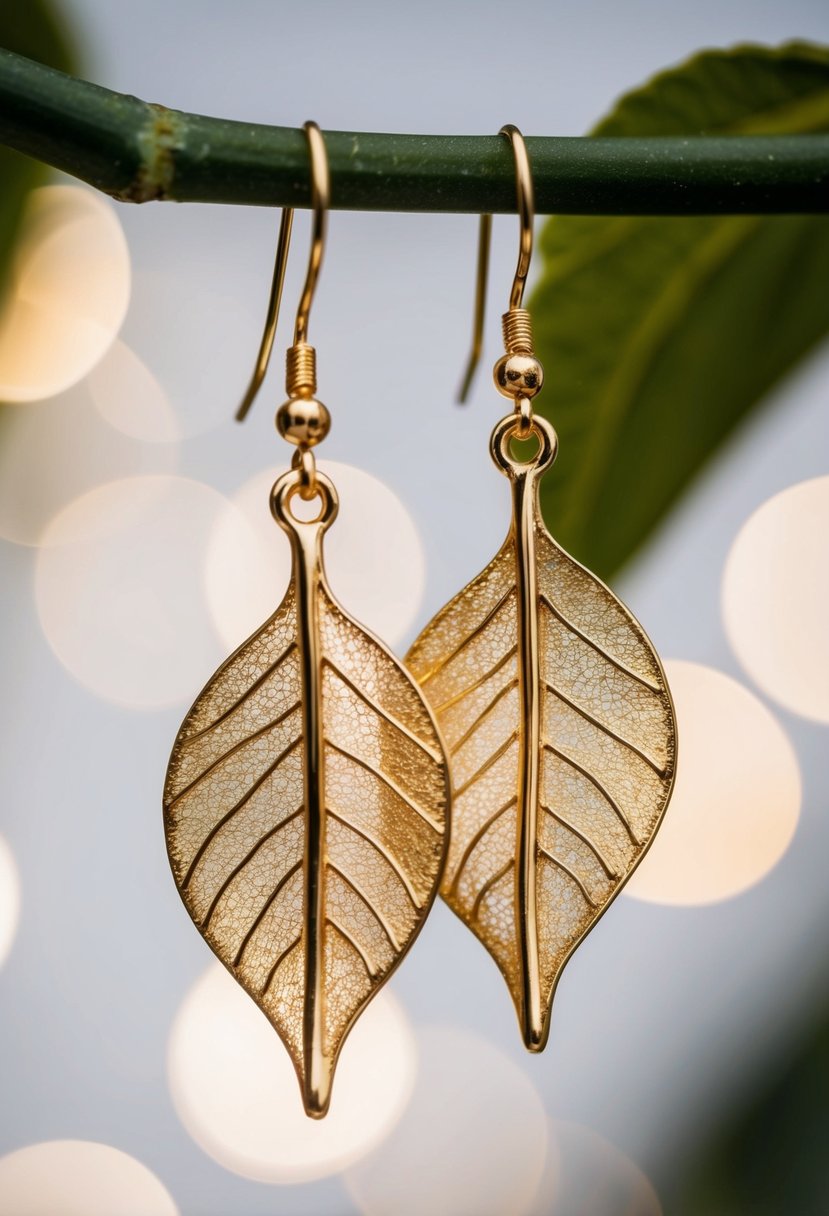 Delicate gold leaves dangle from earring hooks, catching the light with a subtle shimmer