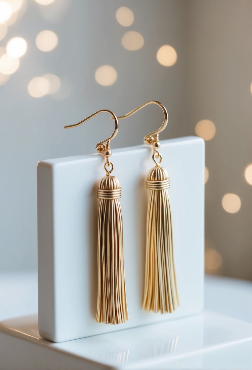 A delicate pair of tassel earrings displayed on a clean, white surface with soft, natural lighting