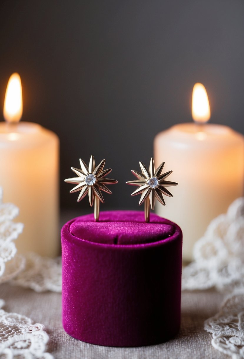 Two delicate starburst studs gleaming on a velvet jewelry display, surrounded by soft candlelight and delicate lace