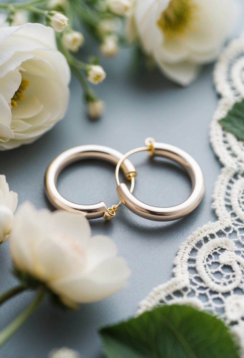 A pair of delicate hoop huggie earrings with minimal design, surrounded by soft florals and elegant lace, evoking a wedding ambiance