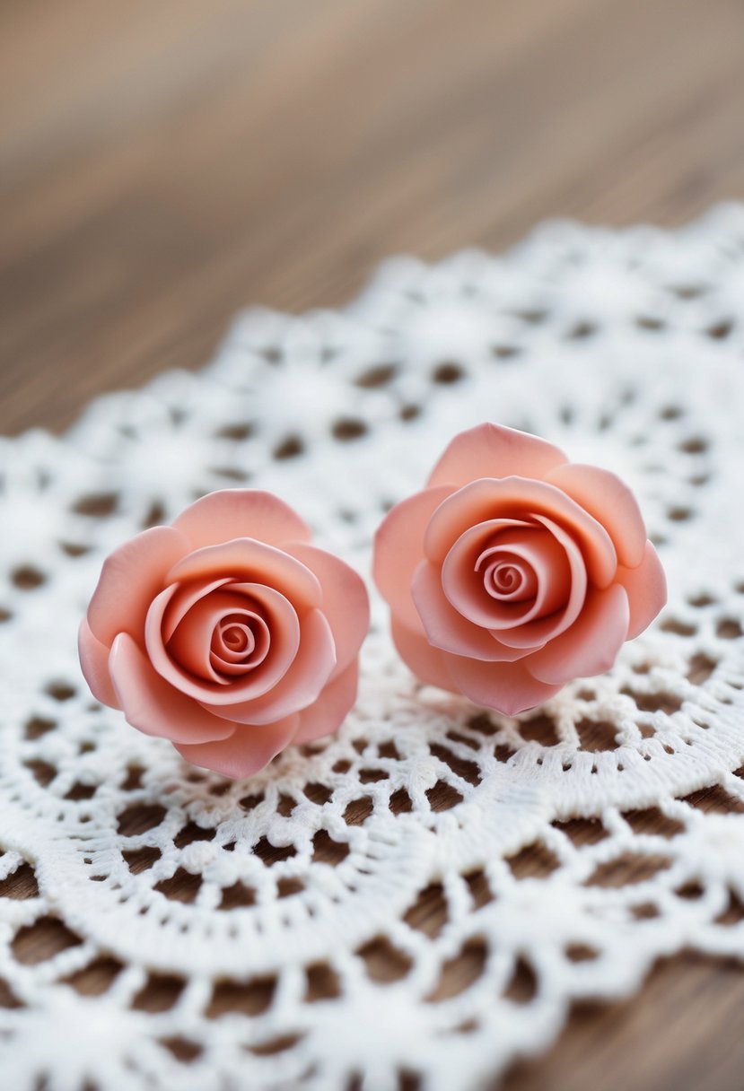 A delicate pair of rose-shaped earrings on a white lace background