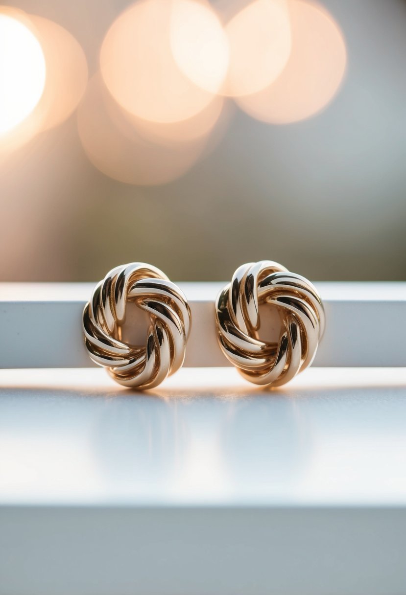 A pair of simple knot earrings displayed on a white surface with soft lighting