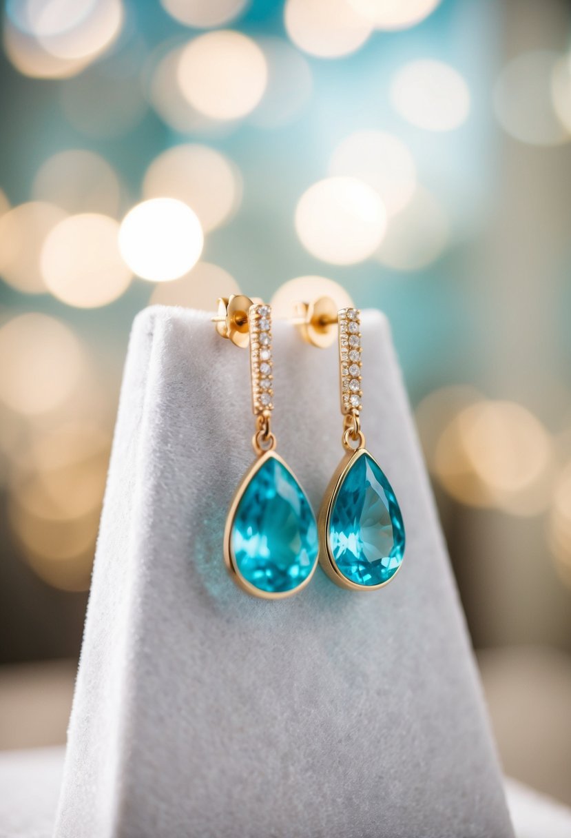 A close-up of aquamarine drop earrings on a white velvet display, with soft lighting to highlight their delicate details