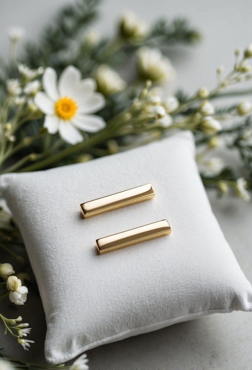 Two gold bar studs on a white velvet cushion, surrounded by delicate white flowers and greenery