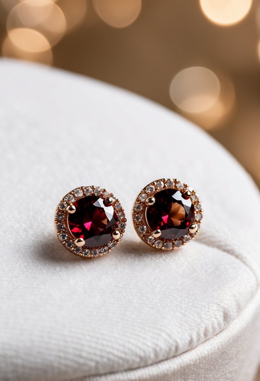 Two small garnet halo studs shimmering on a white velvet cushion