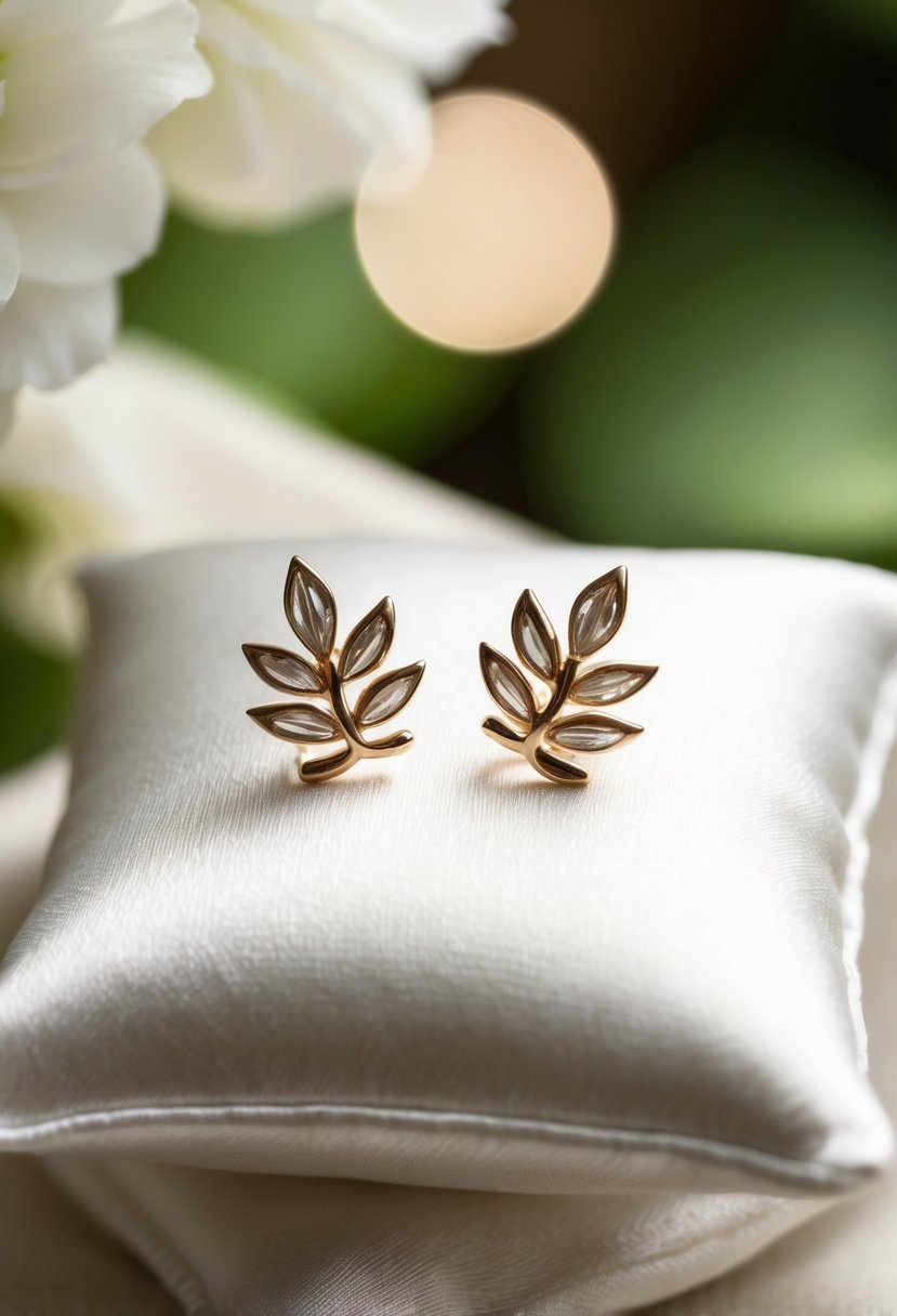 Two delicate leaf-shaped earrings resting on a white silk cushion, surrounded by soft natural lighting