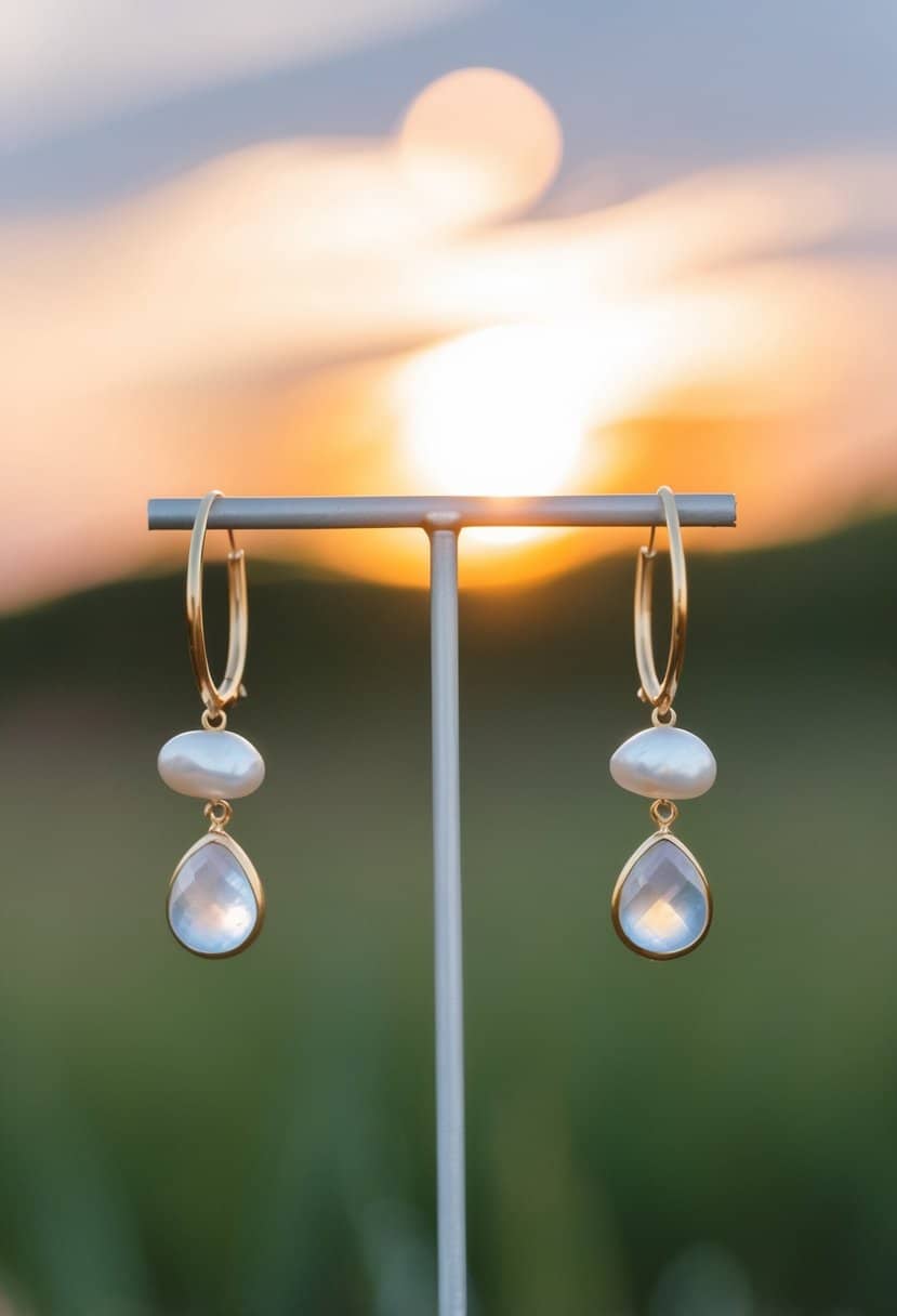 Moonstone and Pearl Hoops dangle from a delicate jewelry stand, catching the soft glow of a warm sunset