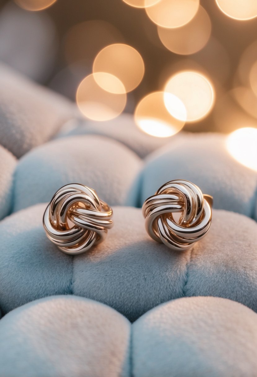 Two delicate eternal knot earrings resting on a bed of soft velvet, with a gentle light casting a warm glow on their intricate design