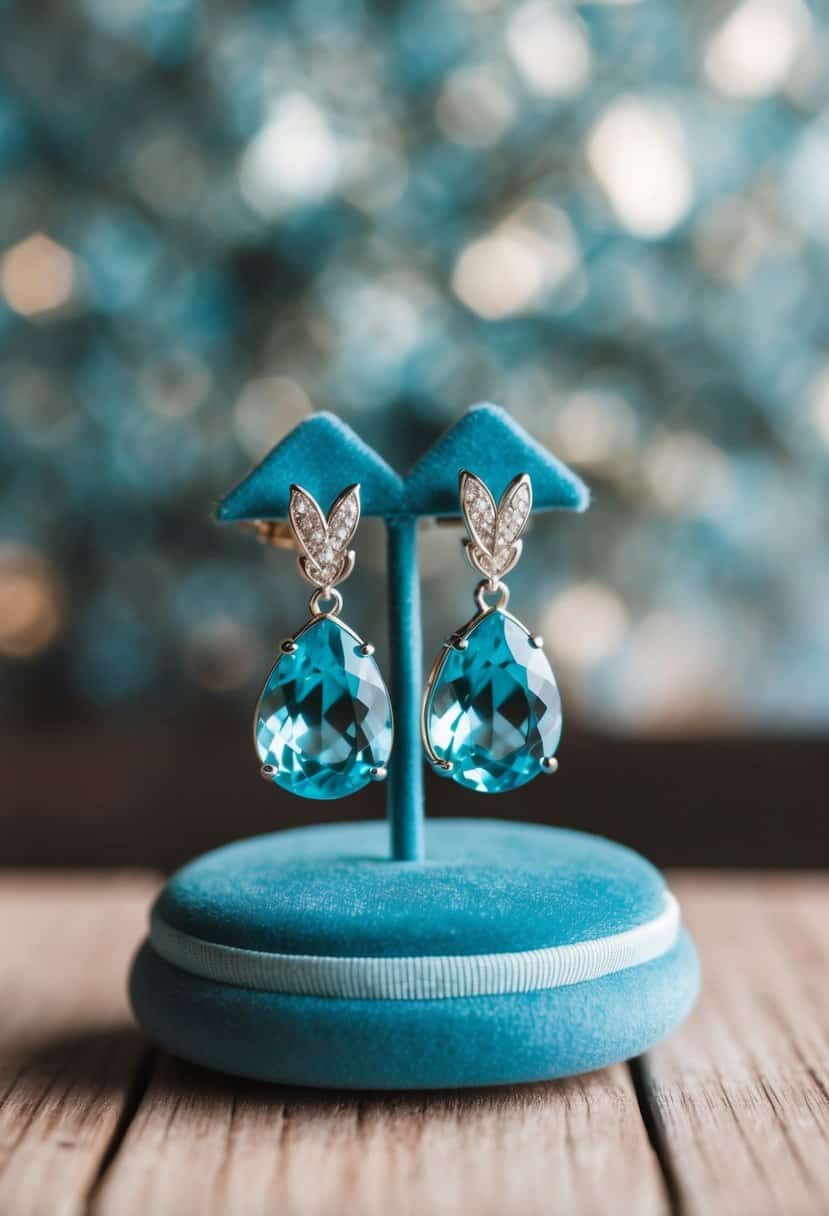 Light blue aquamarine drop earrings displayed on a velvet cushion