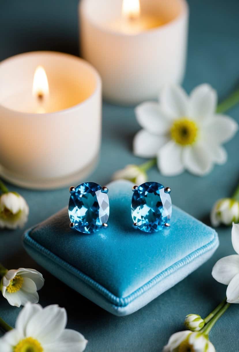 Two sky blue topaz studs on a velvet cushion, surrounded by delicate white flowers and soft candlelight