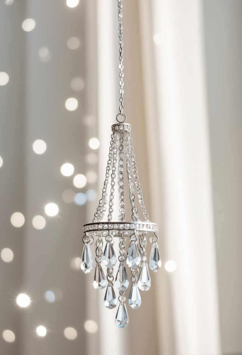 A sparkling chandelier earring dangles against a soft, neutral background, catching the light and casting shimmering reflections