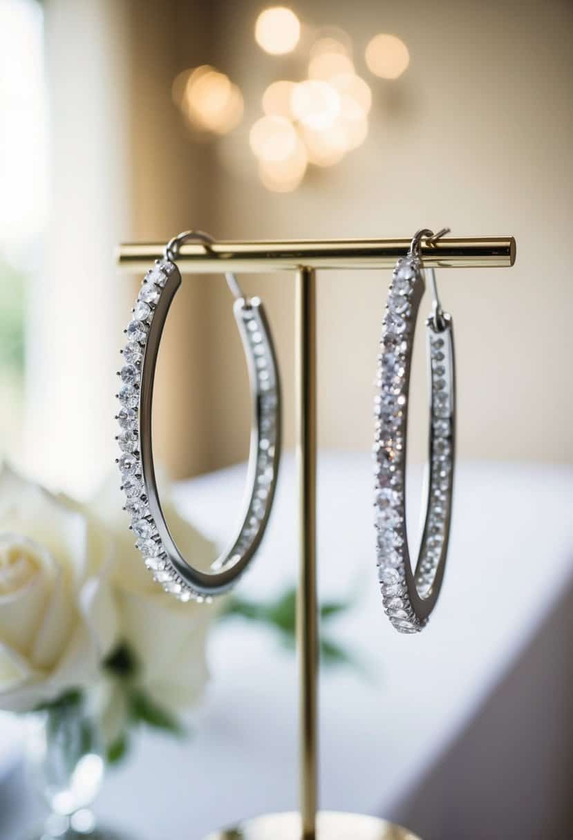 Sparkling crystal hoop earrings dangle from a jewelry stand, catching the light in a luxurious bridal setting