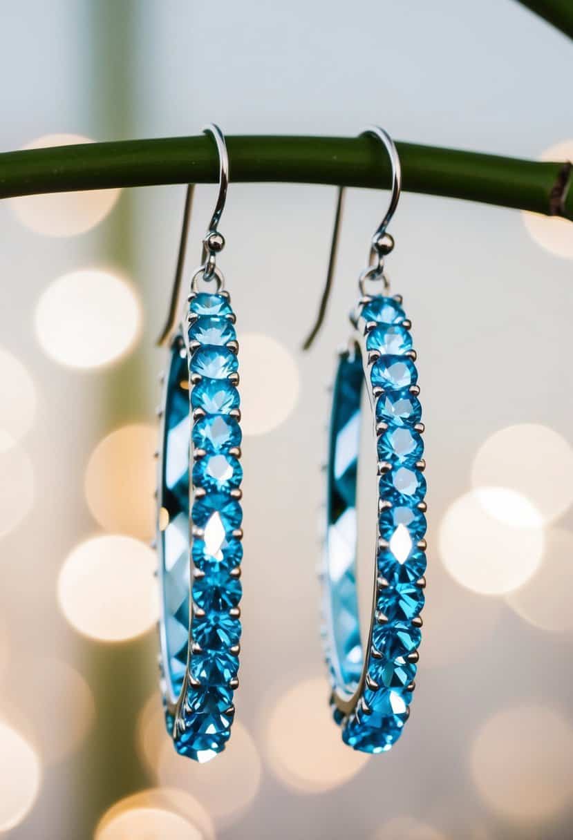 A pair of light blue Swarovski crystal hoops suspended from a delicate silver hook, catching the light and sparkling with elegance