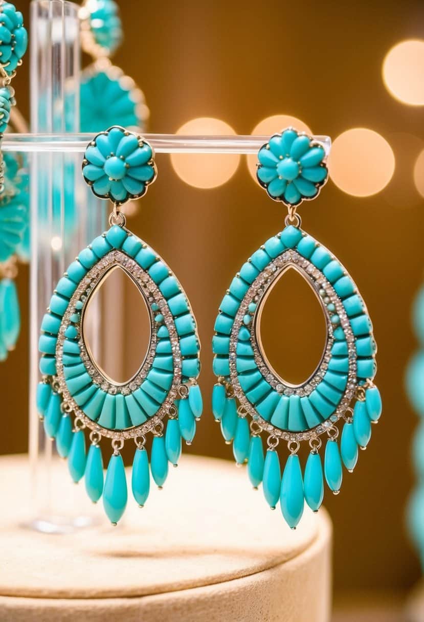 Turquoise chandelier earrings hanging from a display, with soft lighting highlighting their delicate design