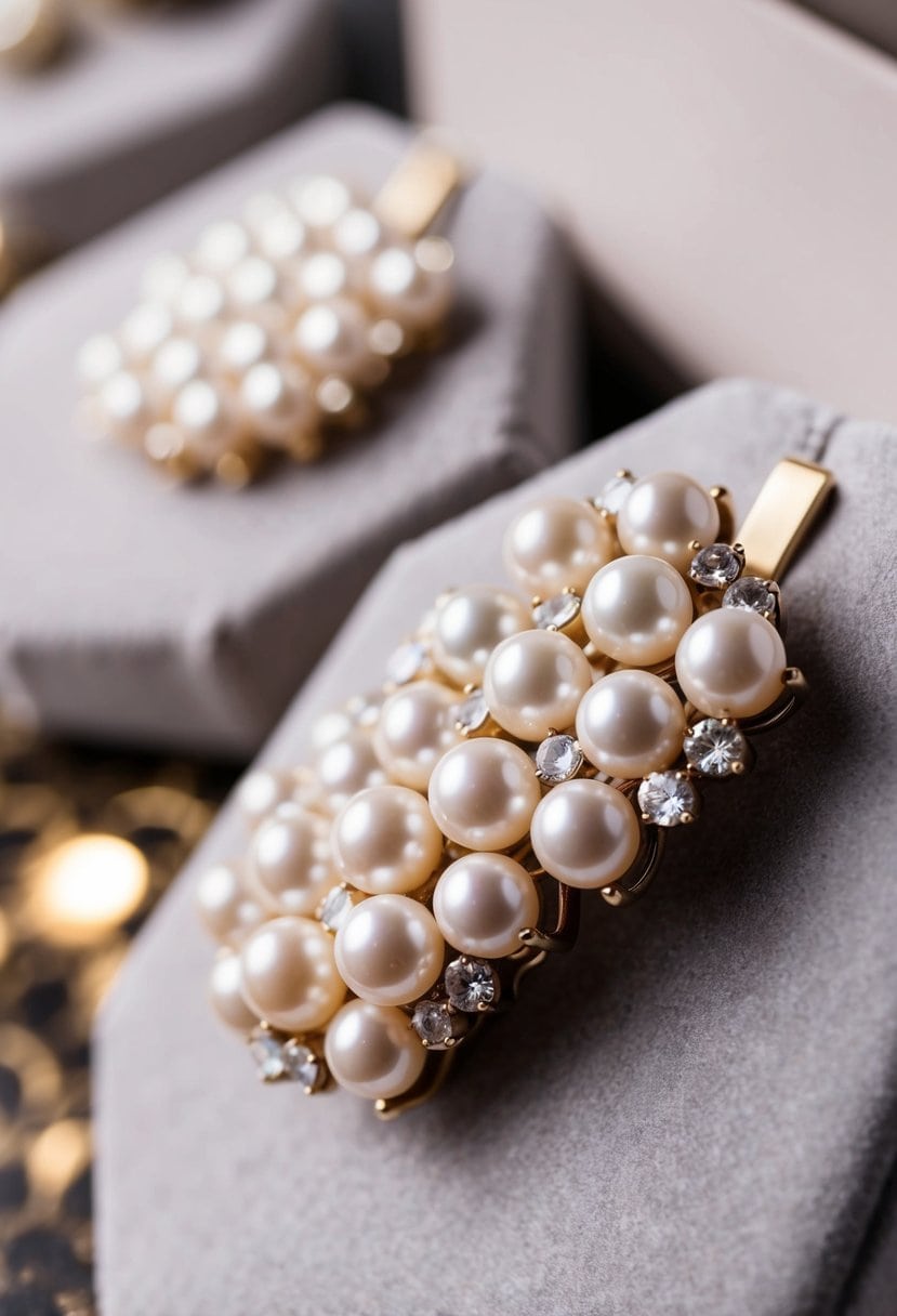 A close-up of elegant Swarovski pearl cluster earrings, catching the light on a velvet display