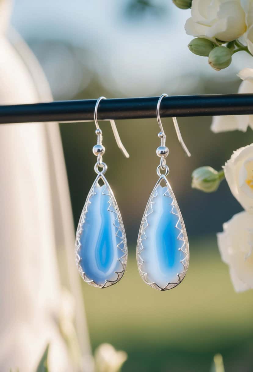 Two delicate teardrop-shaped Blue Lace Agate earrings, suspended from silver hooks, catching the light in a bridal setting