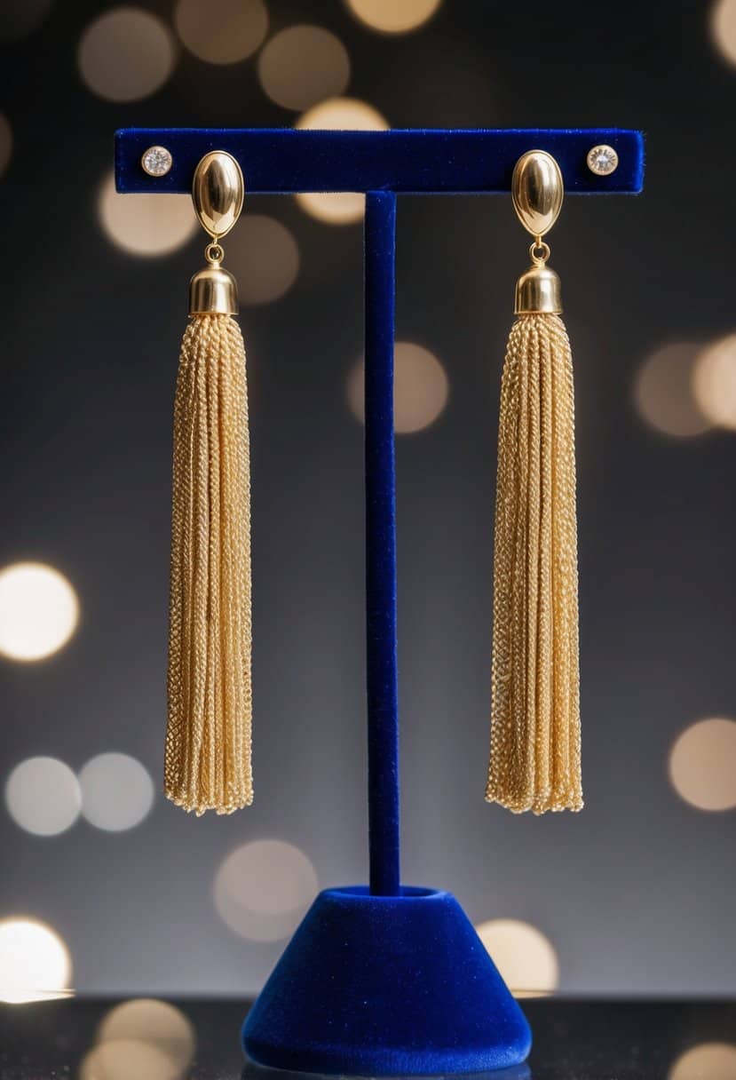 A pair of vintage gold tassel earrings by Oscar de la Renta displayed on a luxurious velvet jewelry stand