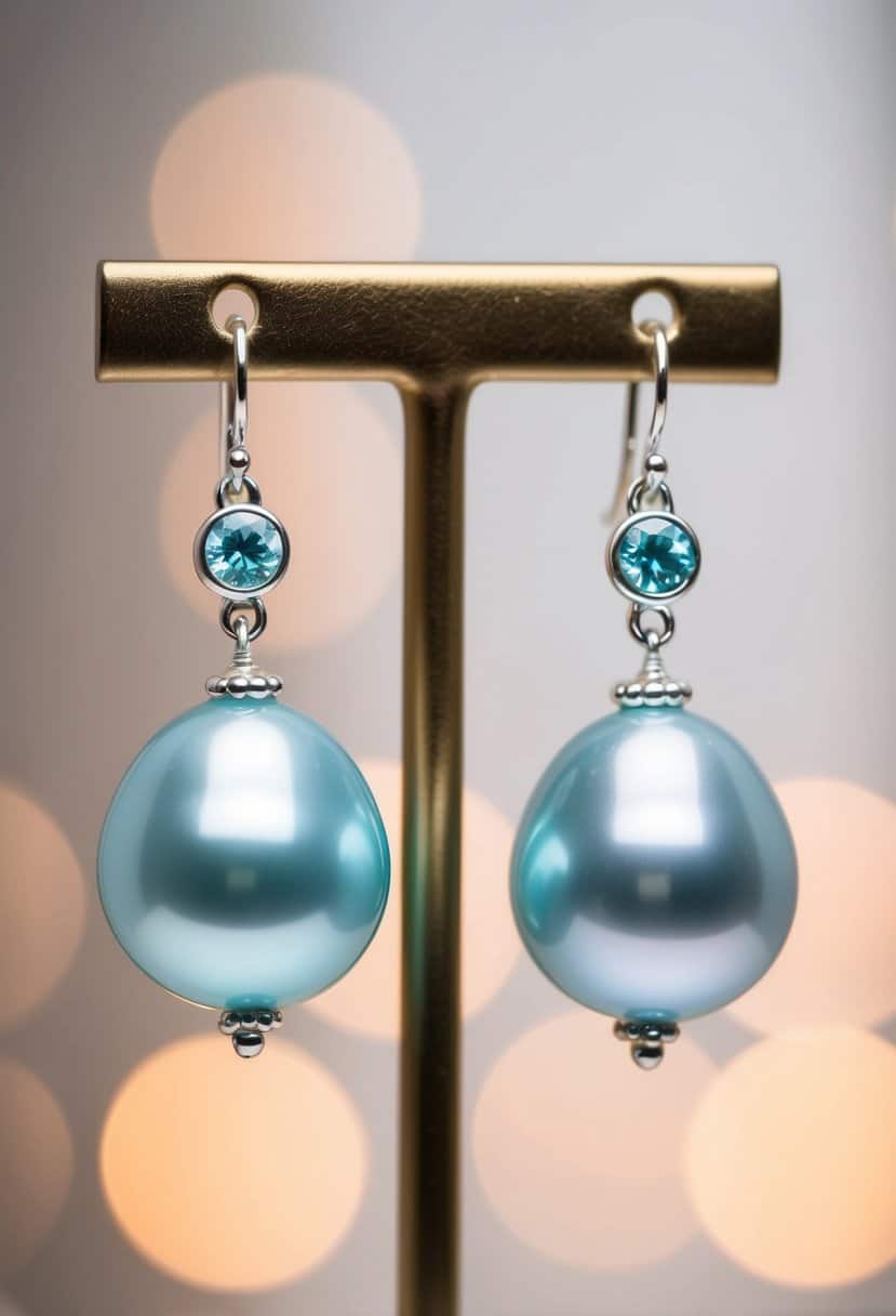 Two delicate pastel blue pearl dangle earrings hanging from a jewelry stand, with soft lighting casting a gentle glow on them