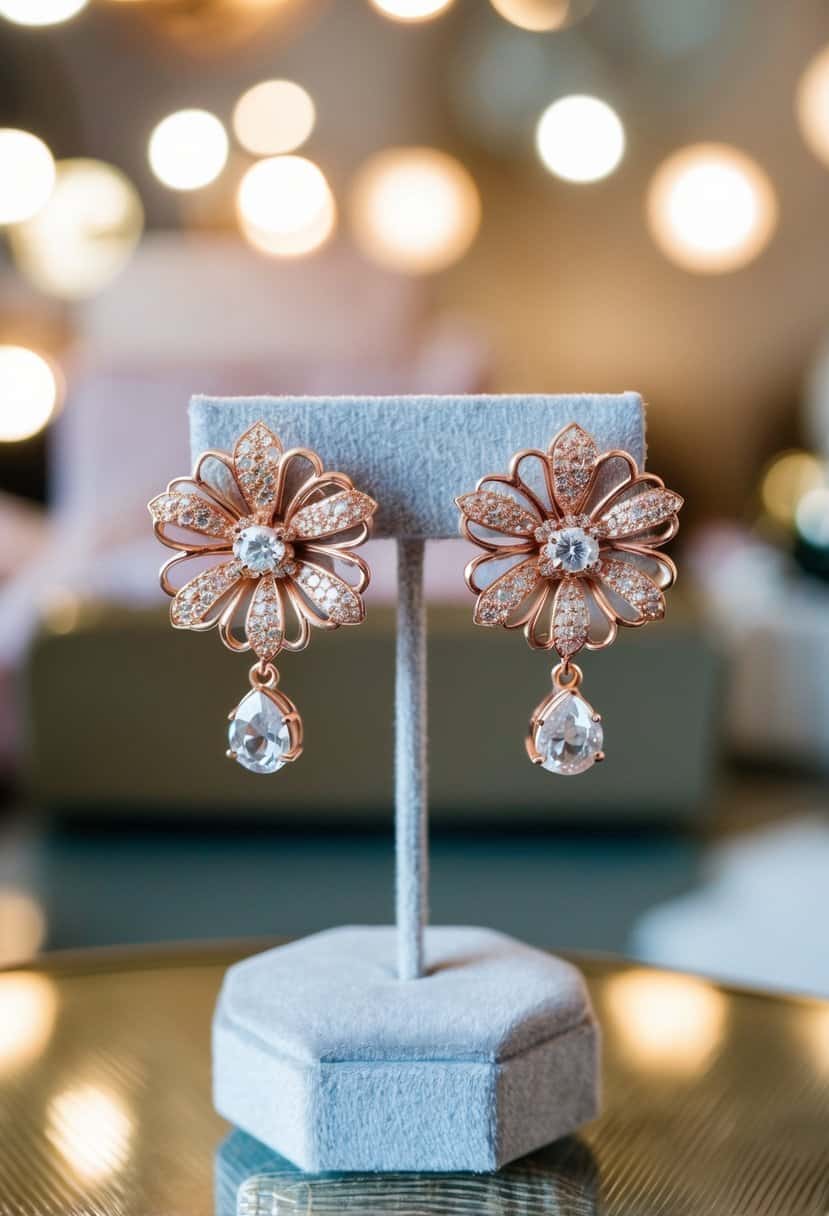 A pair of rose gold floral earrings by Kate Spade, featuring intricate details and sparkling gemstones, displayed on a velvet jewelry stand