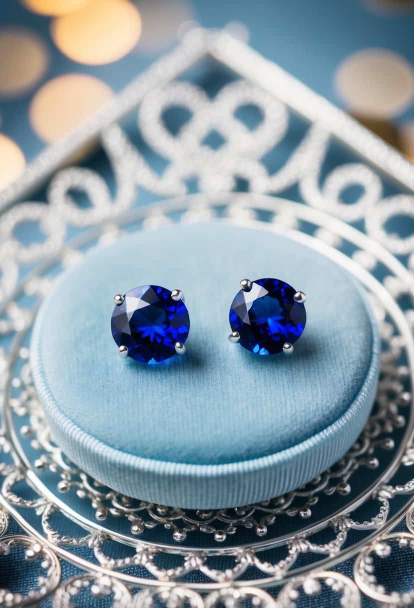 Two cobalt blue sapphire studs on a pale blue velvet cushion, surrounded by delicate silver filigree