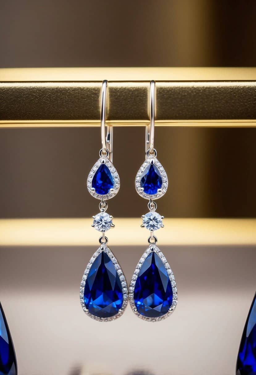 A sparkling pair of sapphire teardrop earrings hangs from a velvet display, catching the light in a luxurious setting