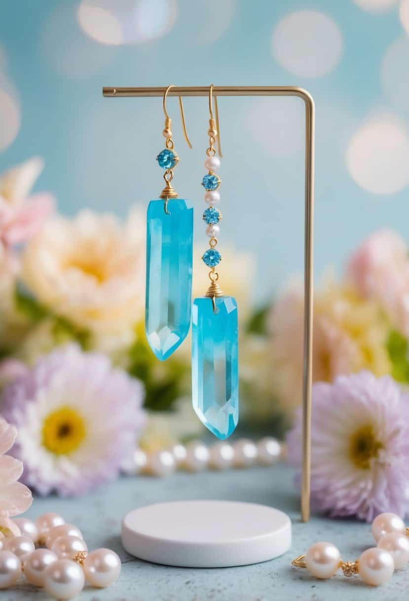 Light blue quartz climbers dangle from a delicate earring stand, surrounded by soft pastel flowers and shimmering pearls