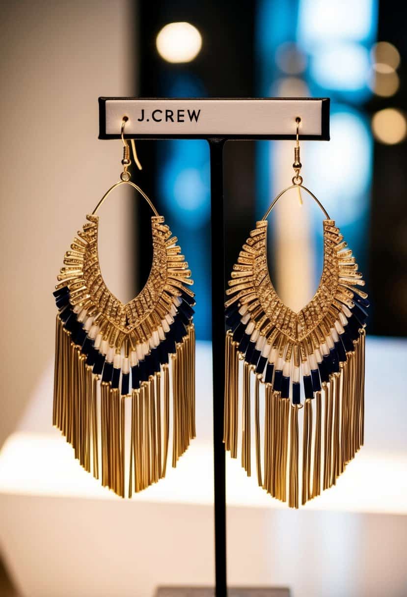 A pair of bold, statement fringe earrings by J.Crew, hanging from a display stand with soft lighting highlighting their intricate design