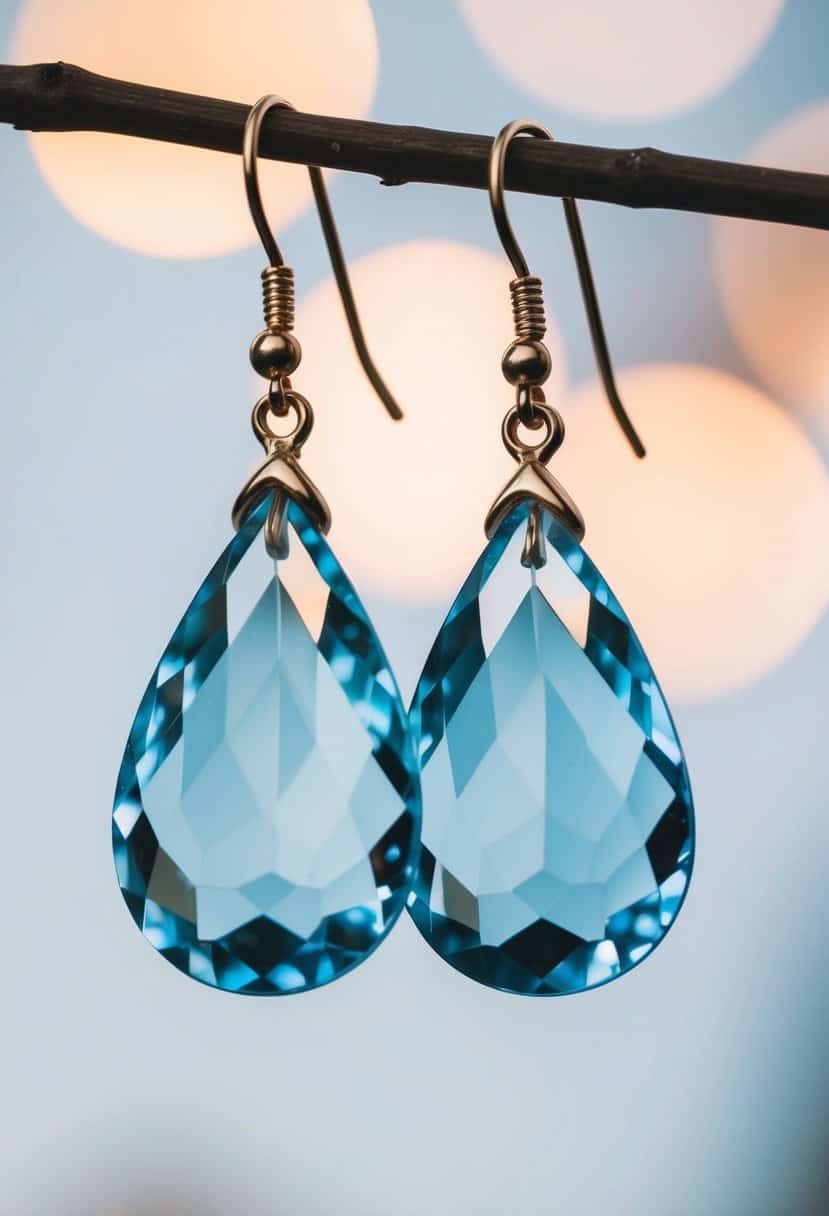 A delicate pair of powder blue teardrop earrings sparkling under soft lighting