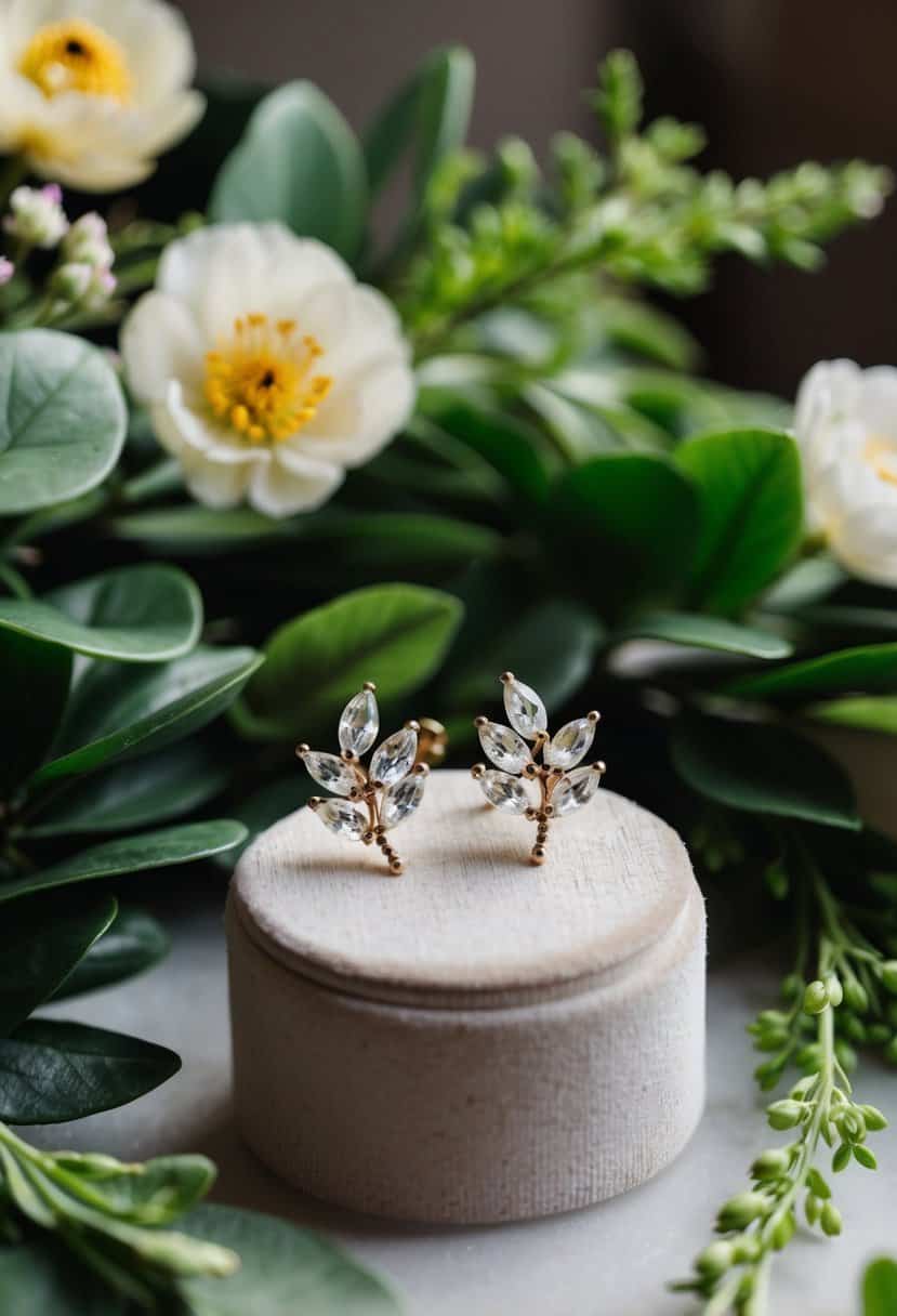 A pair of Botanical Crystal Studs by BaubleBar sparkling on a velvet display, surrounded by lush greenery and delicate flowers