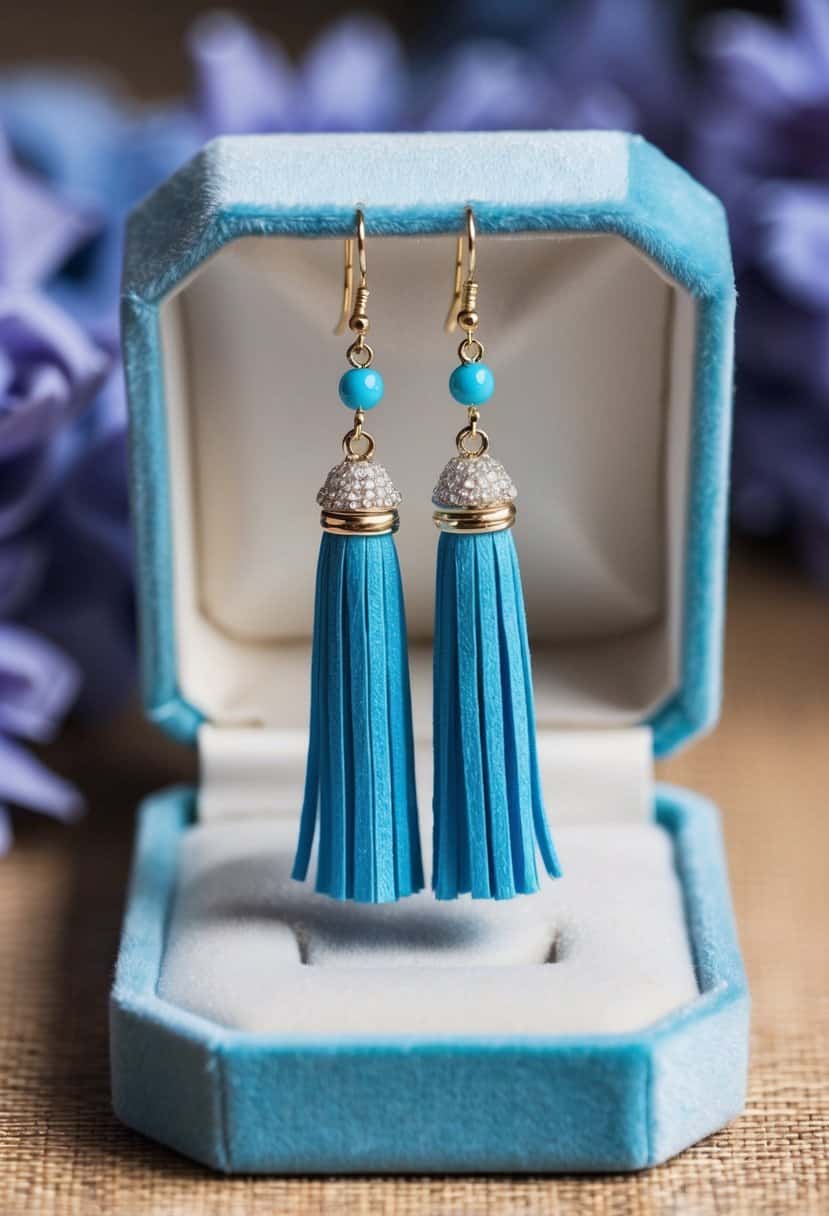 Periwinkle blue tassel earrings hanging from a light blue velvet jewelry box