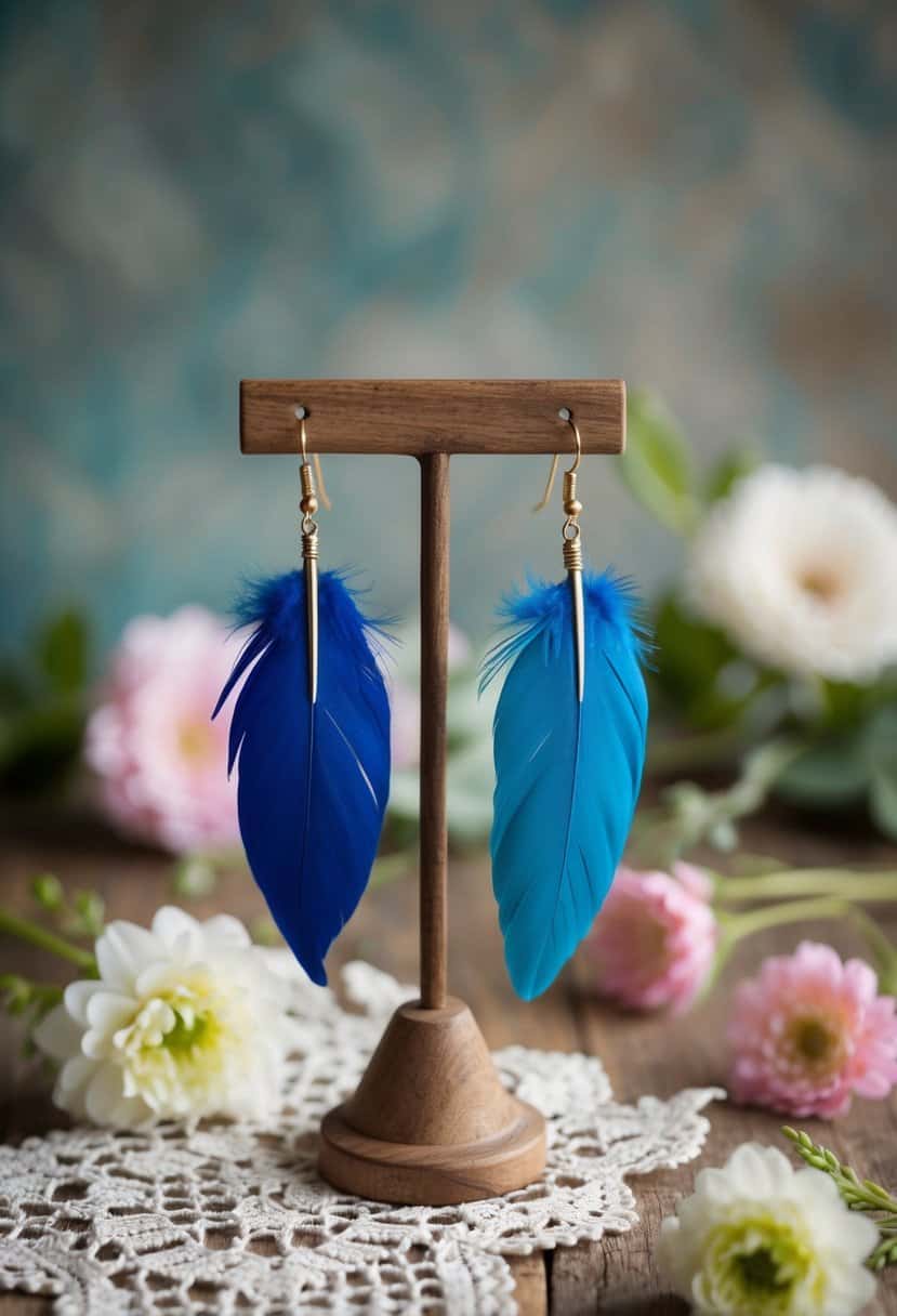 Colorful bohemian feather earrings on a rustic wooden jewelry stand, surrounded by vintage lace and delicate flowers