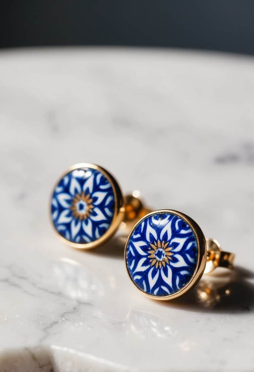 A close-up of Turkish blue tile earrings on a white marble surface, with soft natural light illuminating the intricate patterns and delicate details