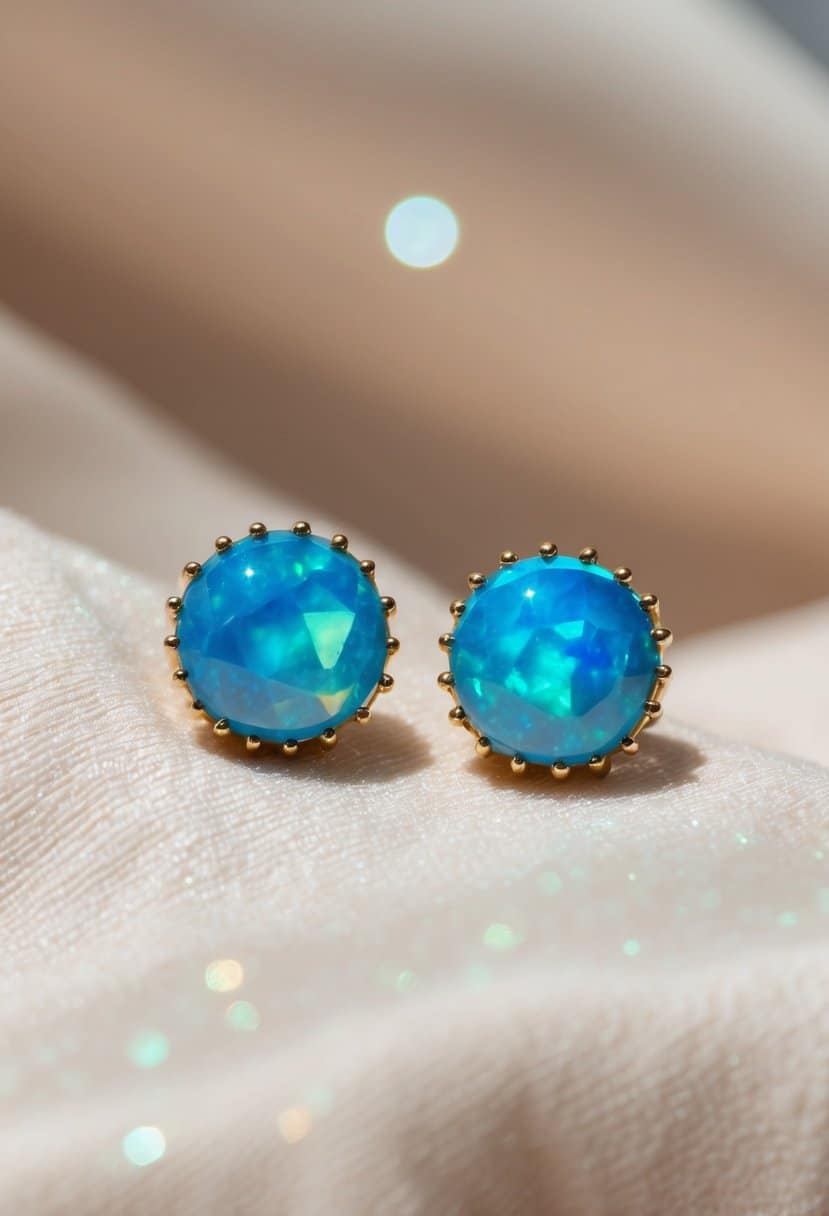 Two delicate blue opal studs resting on a soft, pastel-colored fabric, catching the light and shimmering with a hint of elegance