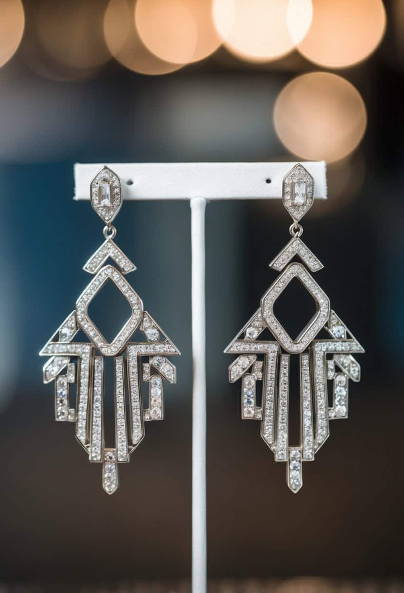 A pair of Art Deco-inspired earrings by Kenneth Jay Lane, featuring geometric shapes and sparkling gemstones, hanging from a display stand