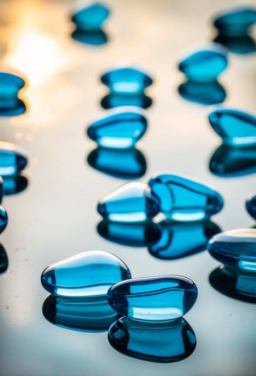 Icy blue glass pebbles scattered on a reflective surface