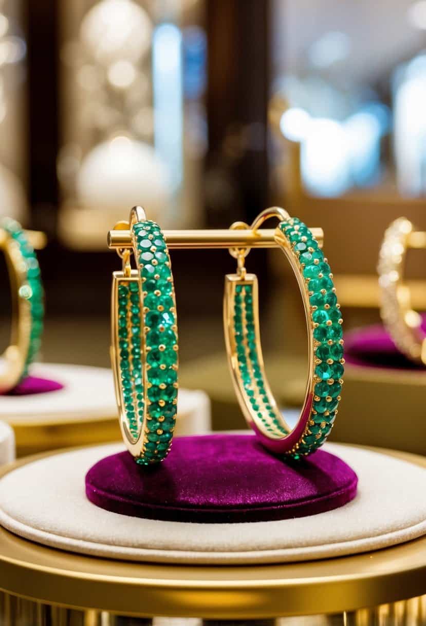 A pair of emerald encrusted hoop earrings displayed on a velvet cushion in a luxurious jewelry store