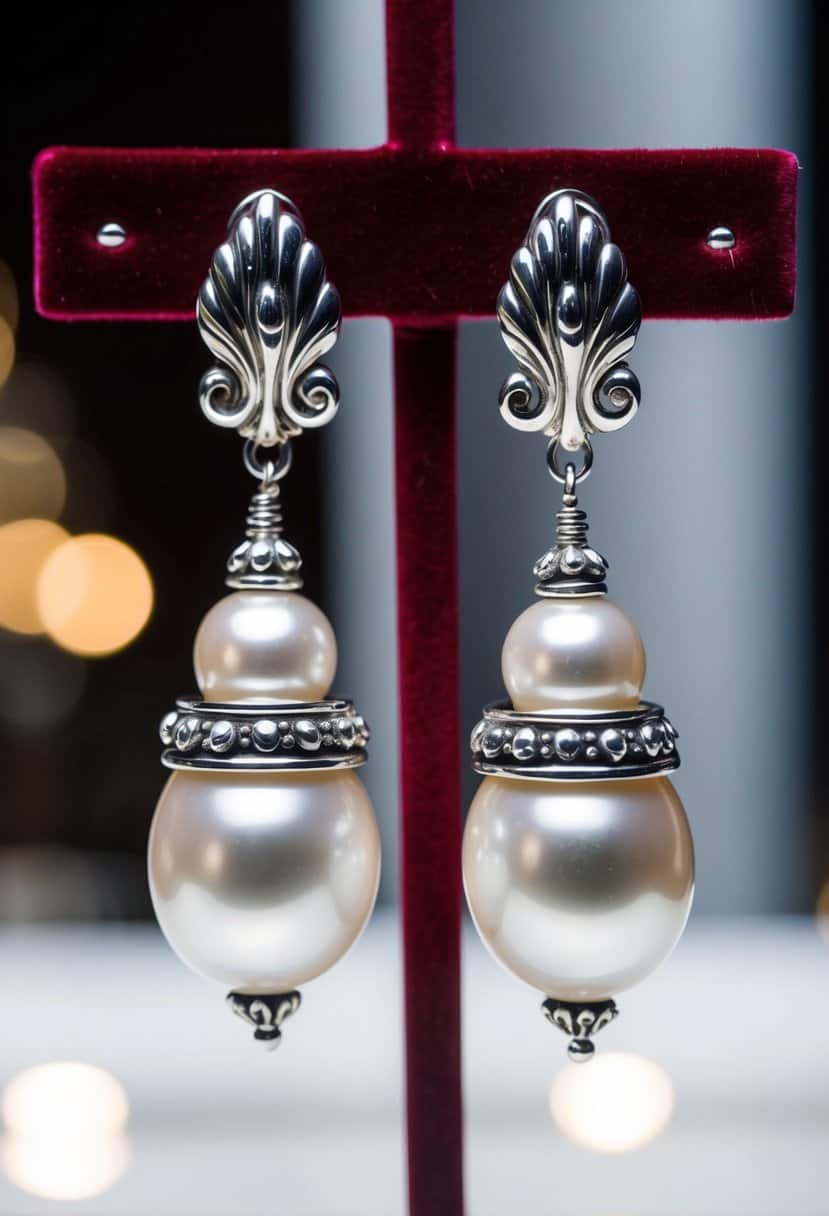 A pair of Baroque pearl drop earrings dangle from a velvet jewelry display, catching the light and showcasing intricate details