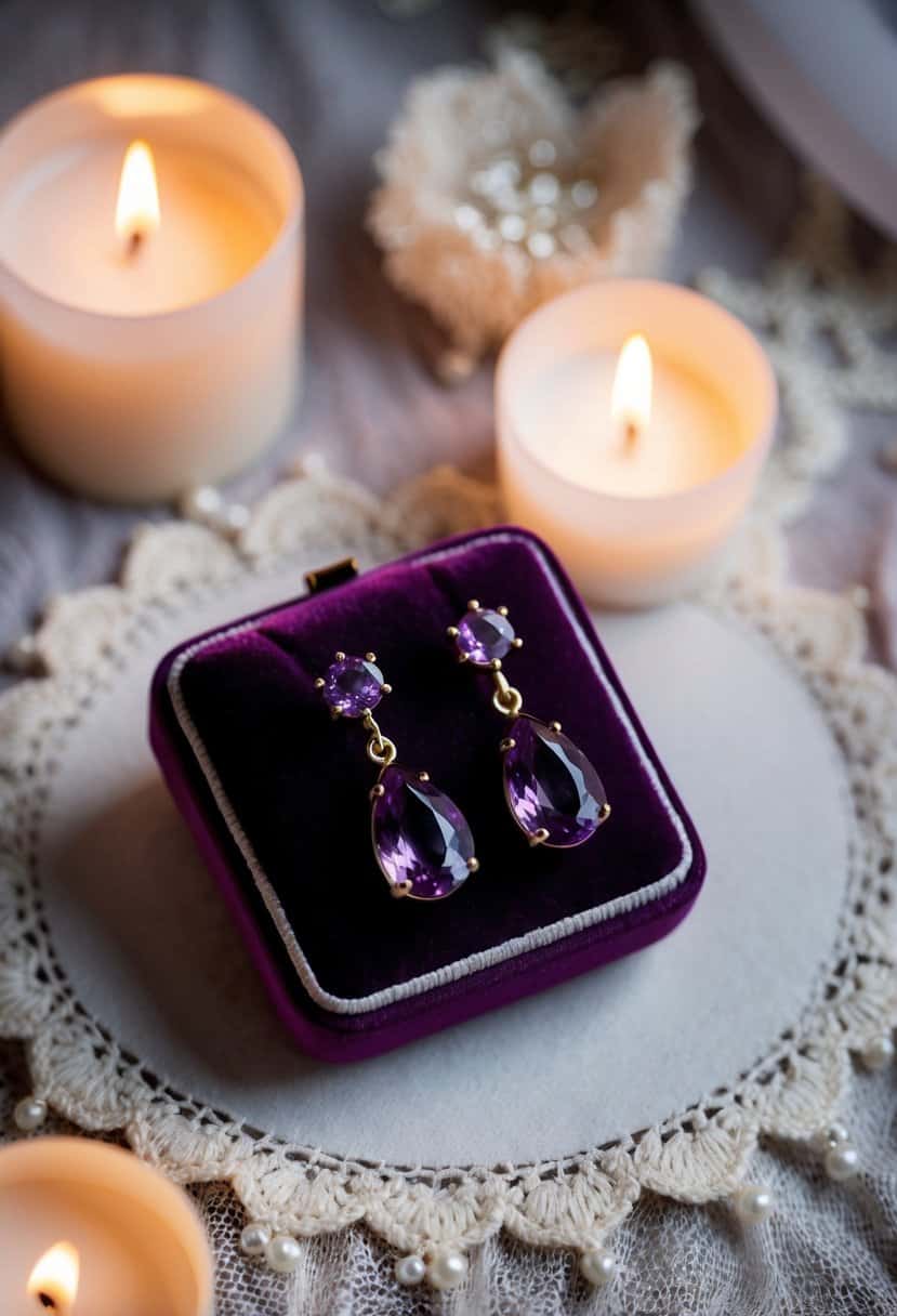 A pair of vintage amethyst drop earrings displayed on a velvet cushion, surrounded by soft candlelight and delicate lace