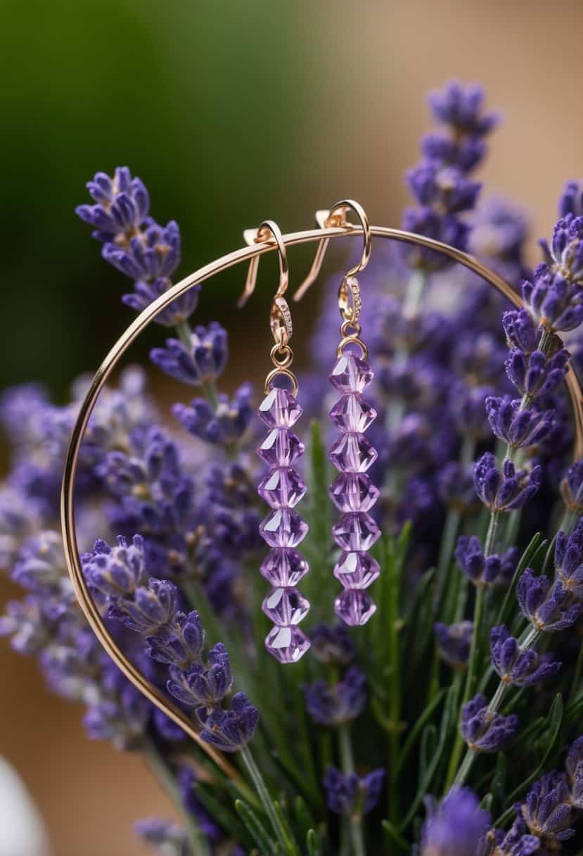 A delicate pair of lavender crystal hoops dangle from a rustic bouquet of fresh lavender sprigs, evoking a sense of elegance and romance