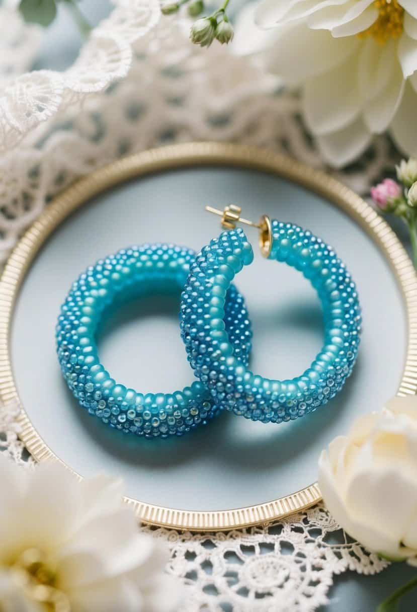 A pair of light blue beaded hoop earrings shimmering under soft lighting, surrounded by delicate lace and floral accents