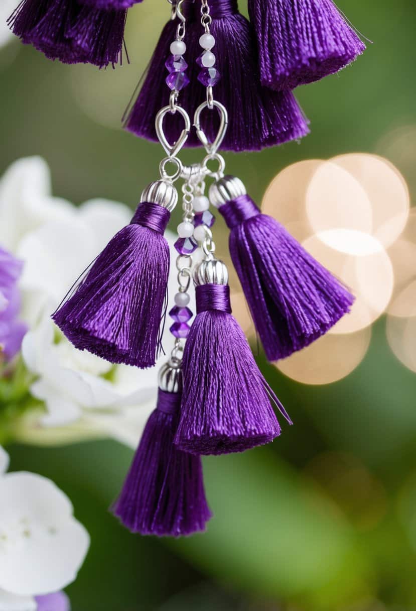 A close-up of purple tassel clusters dangling from elegant wedding earrings