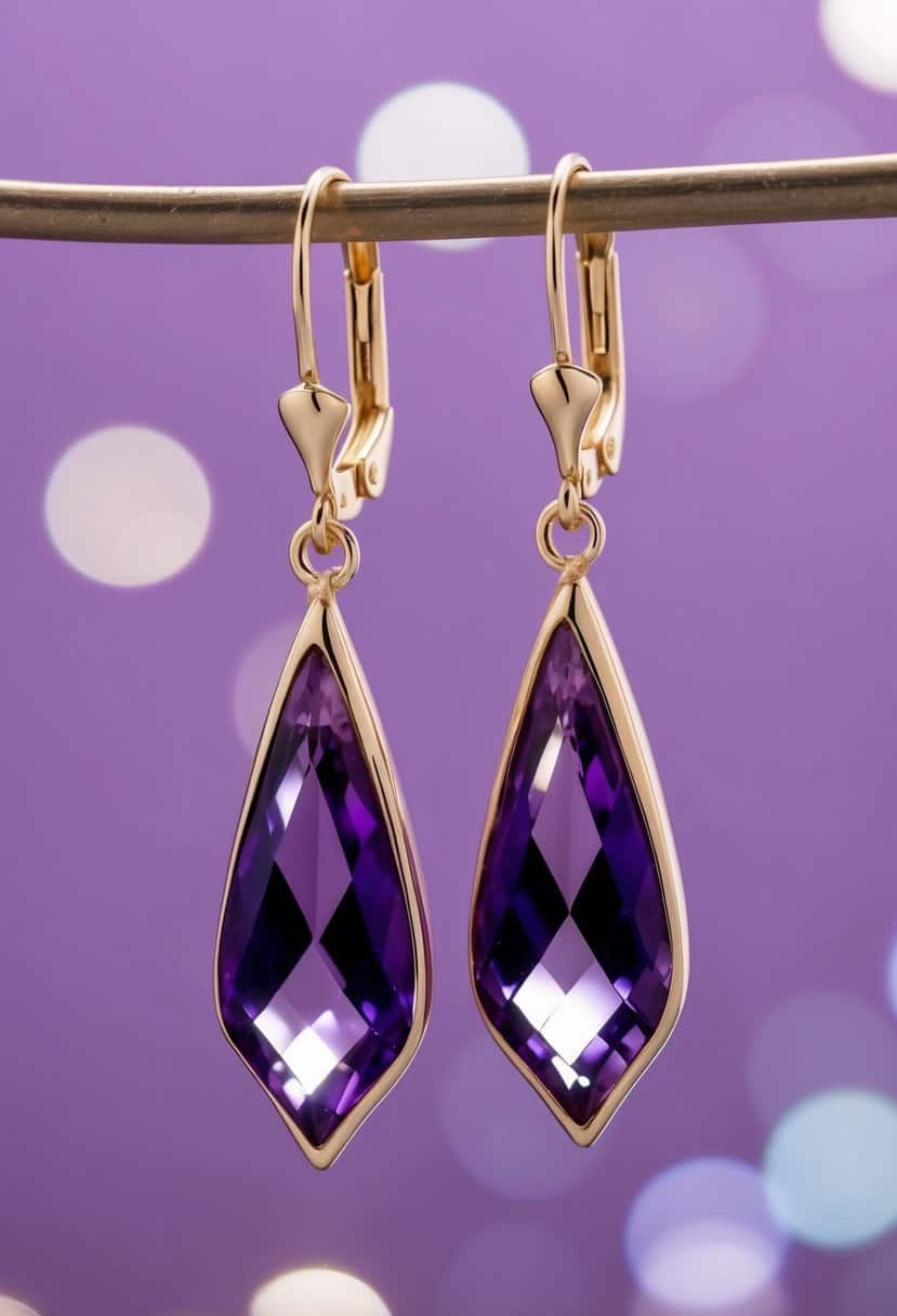 A pair of amethyst teardrop dangle earrings hanging against a soft purple background, catching the light and shimmering with elegance