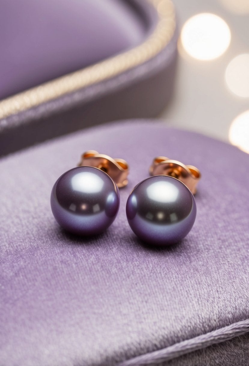 A delicate pair of lilac pearl studs gleaming on a velvet cushion