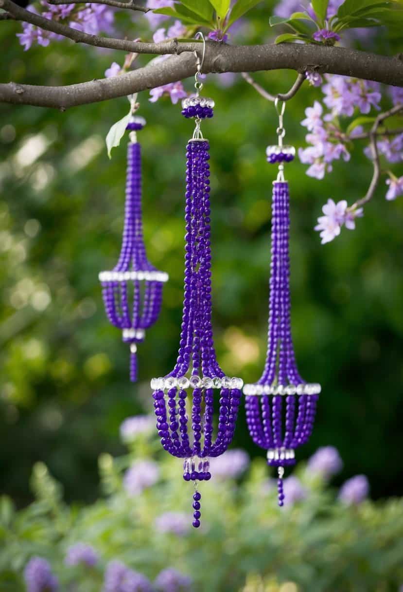 Violet beaded chandeliers hang from a tree branch, with soft purple flowers and green leaves in the background