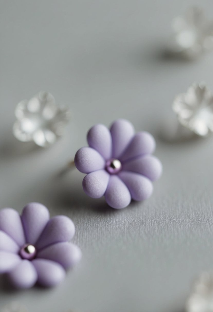 A close-up of delicate purple floral studs against a soft, muted background, evoking a sense of elegance and romance