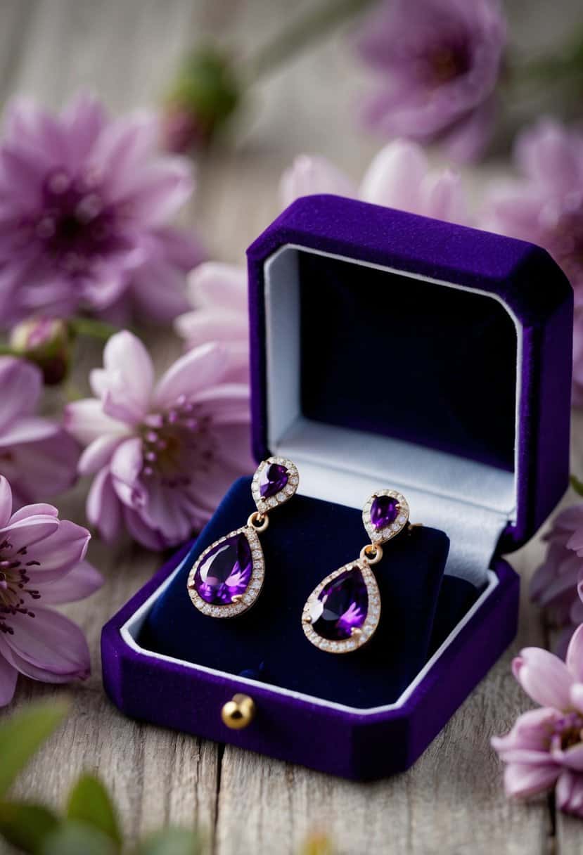 A pair of elegant purple Swarovski drop earrings resting on a velvet jewelry box, surrounded by delicate plum-colored flowers