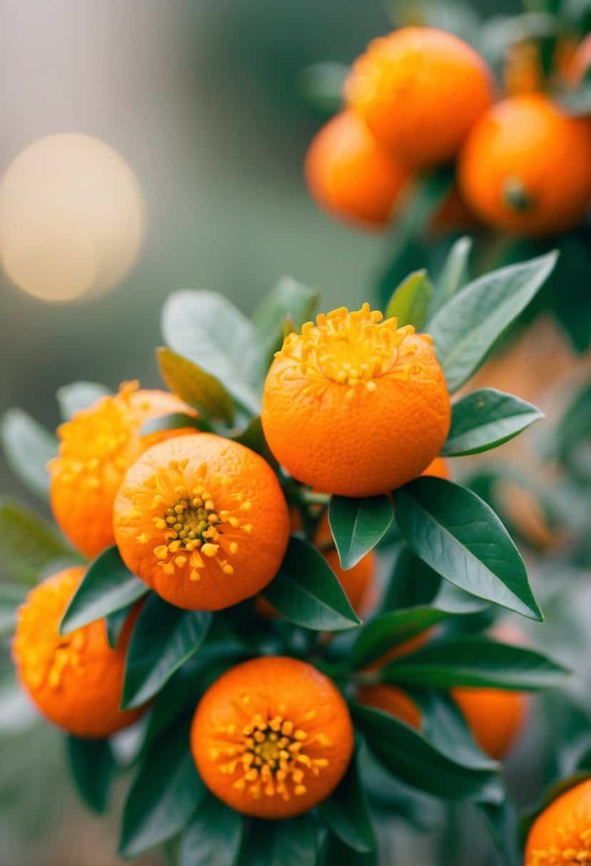 A close-up of vibrant orange citrus blooms clustered together, with delicate green leaves, set against a soft, blurred background