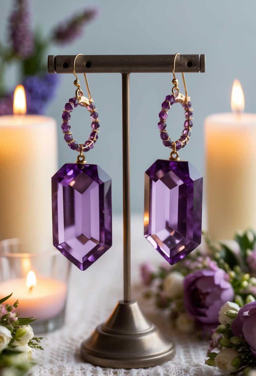 A pair of purple quartz hoops hanging from a delicate stand, surrounded by soft candlelight and floral decorations